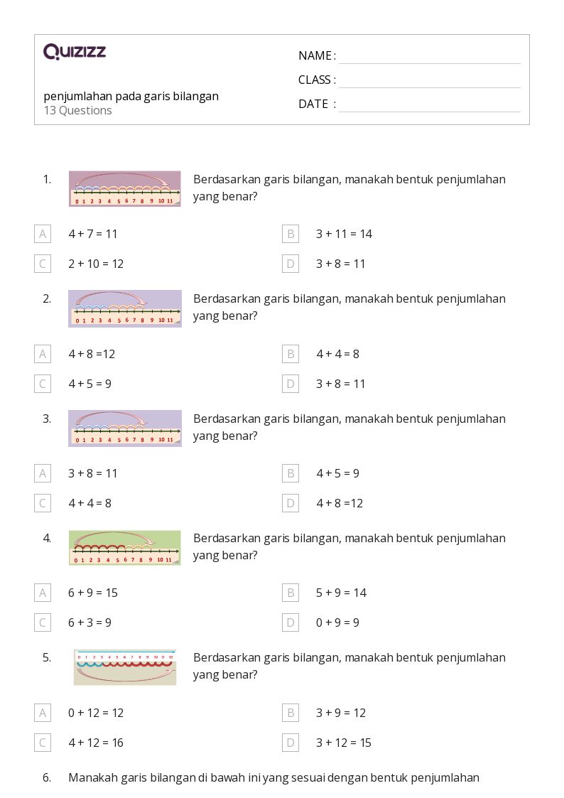 50 lembar kerja Penjumlahan pada Garis Bilangan untuk Kelas 2 di