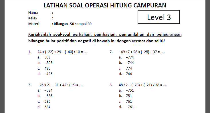 Contoh Soal Operasi Hitung - Piffle me