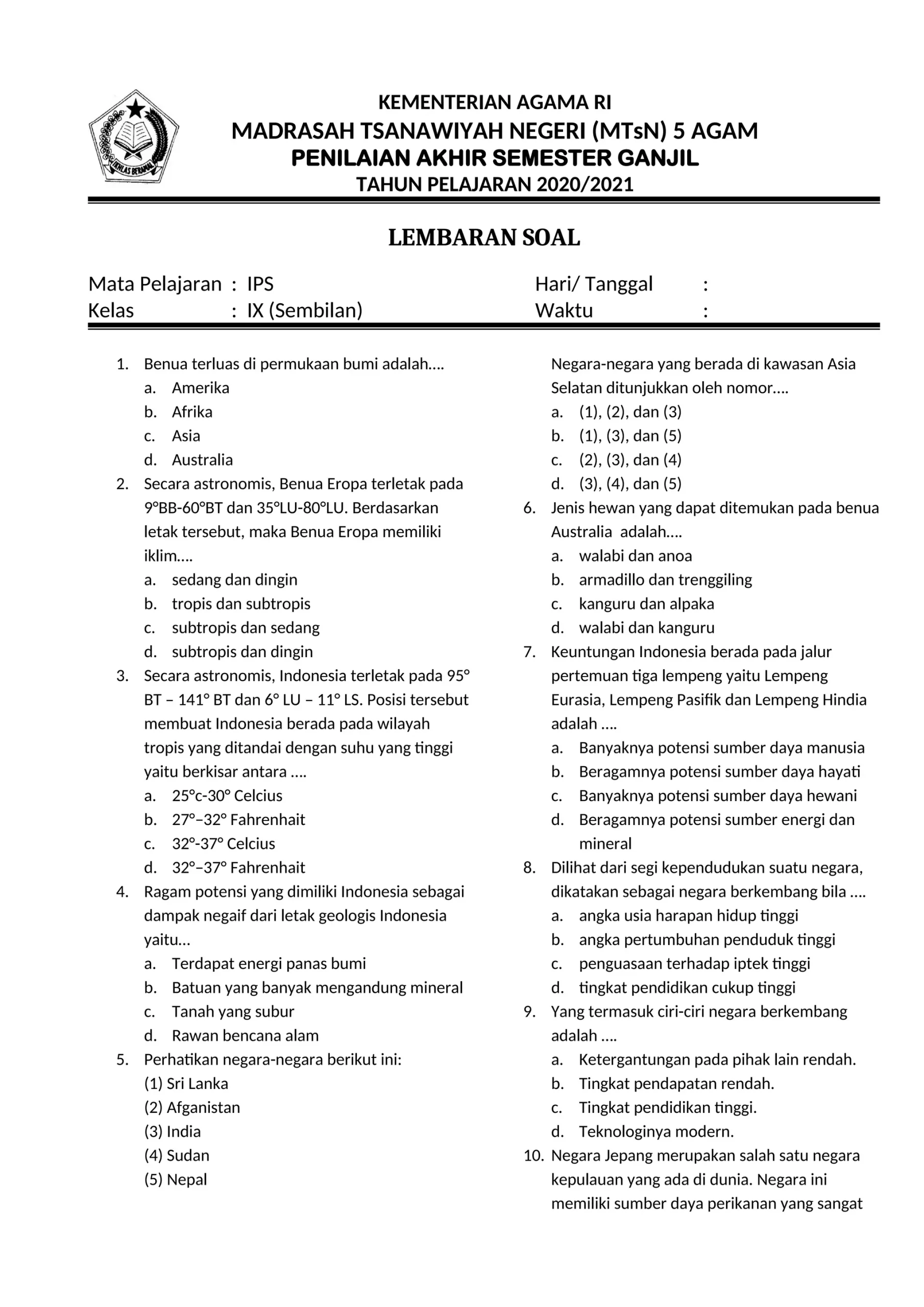 7 Rahasia Nilai Sempurna Ujian dengan Latihan Soal IPS Kelas 9 Semester 1 PDF Terbaru 2026