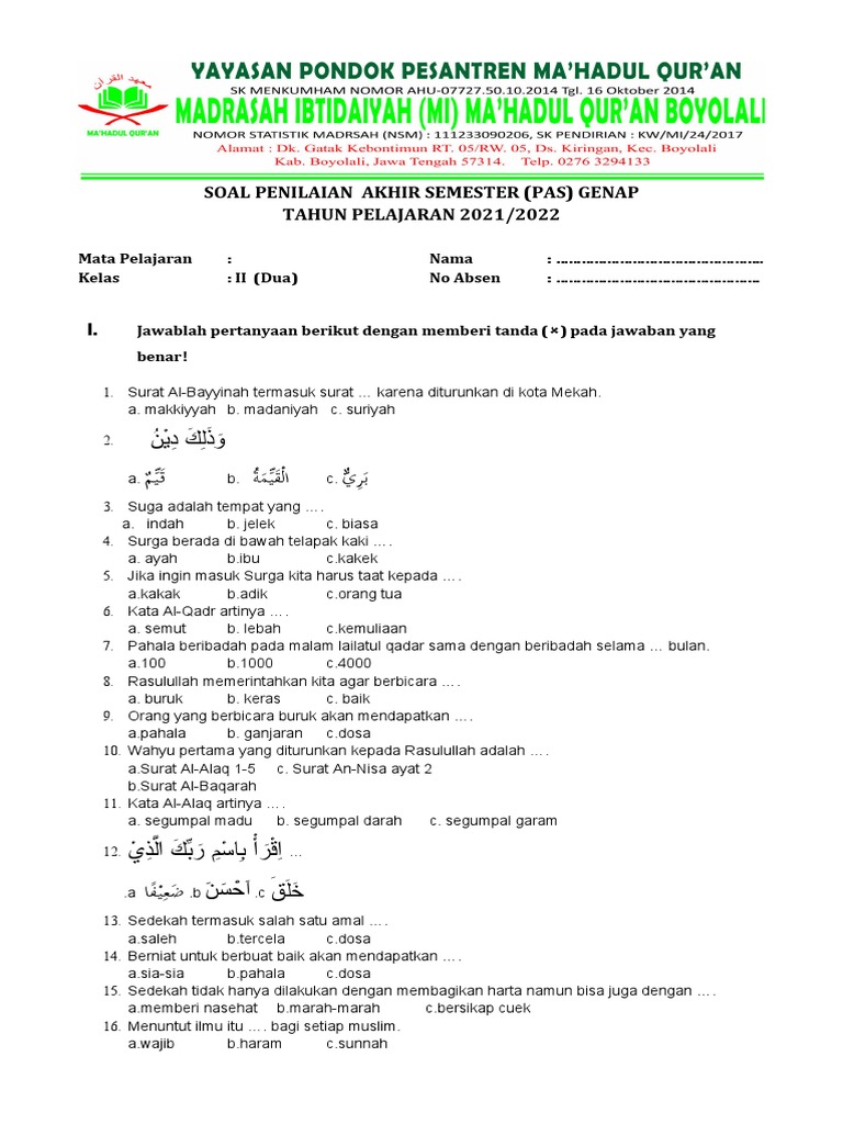 Mengukur Pemahaman Awal Contoh Soal UKK Quran Hadis Kelas 1 Semester 1 Mengukur Pemahaman Awal Contoh Soal UKK Quran Hadis Kelas 1 Semester 1