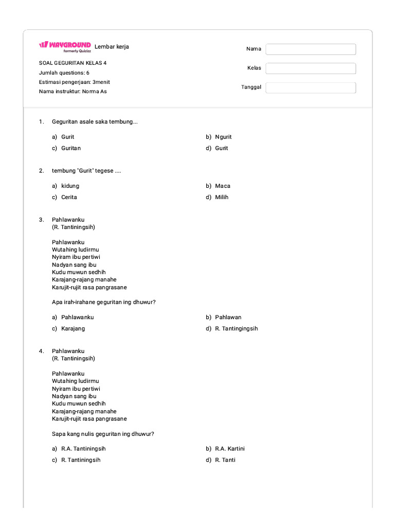 Soal Geguritan untuk Kelas 4 PDF Soal Geguritan untuk Kelas 4 PDF