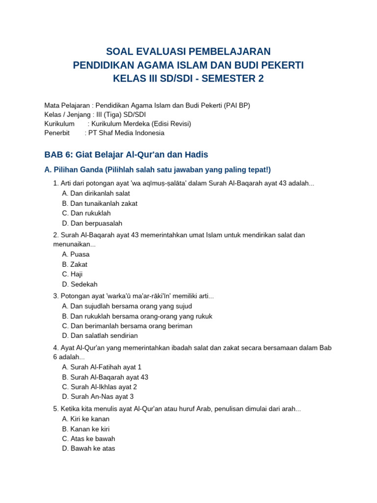 Kumpulan Soal PAI Kelas 3 Bab 6 10 Revisi PDF
