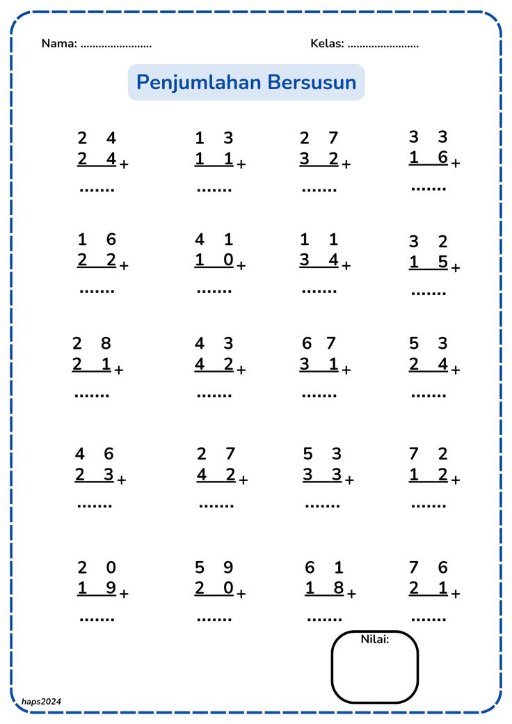 Penjumlahan Bersusun 1-100 Lembar kerja matematika Kerajinan Penjumlahan Bersusun 1-100 Lembar kerja matematika Kerajinan