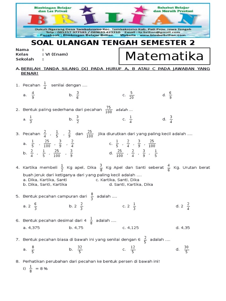 3 Rahasia Soal Mid Semester 1 Matematika Kelas 6 K13 Revisi 2018 yang Jarang Diketahui