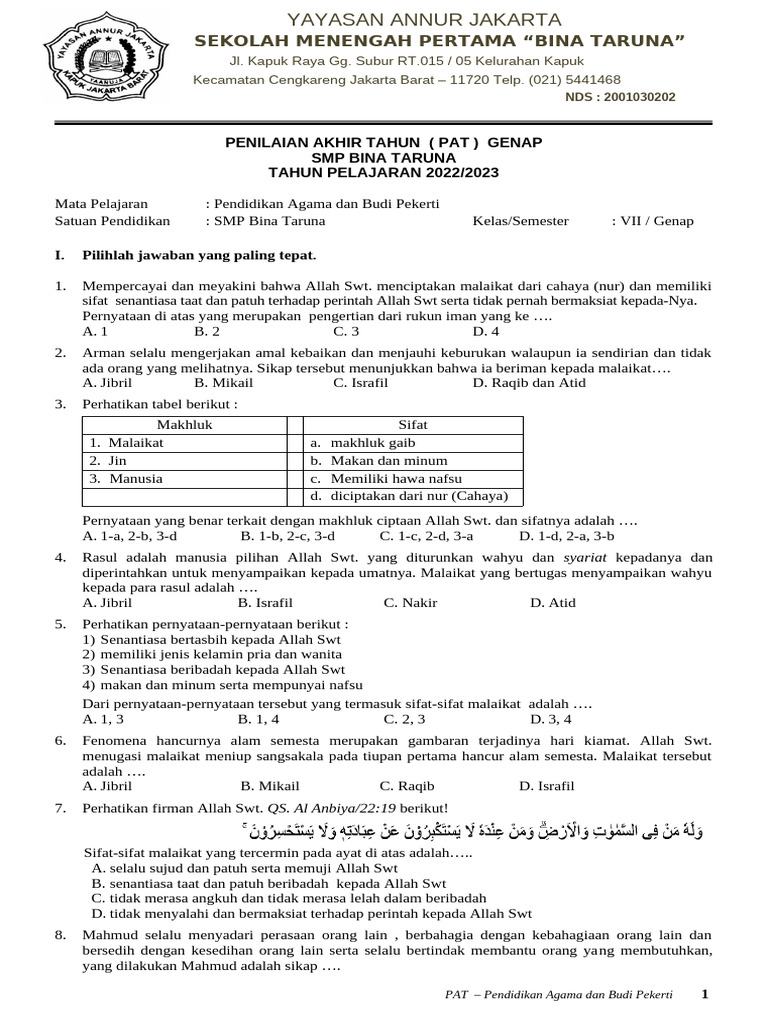 SOAL PAI KELAS 7 PAT GENAP 2023 PDF