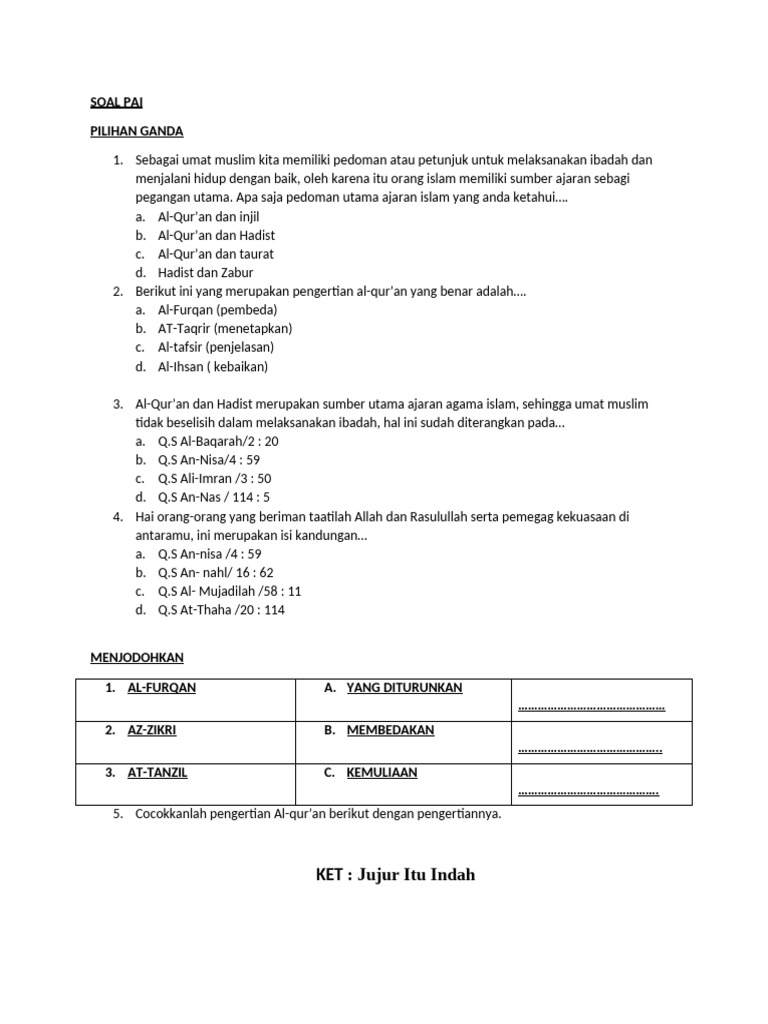 3 Soal PAI Kelas 7 Semester 1 dan Kunci Jawaban Wajib Dikuasai Tahun 2026