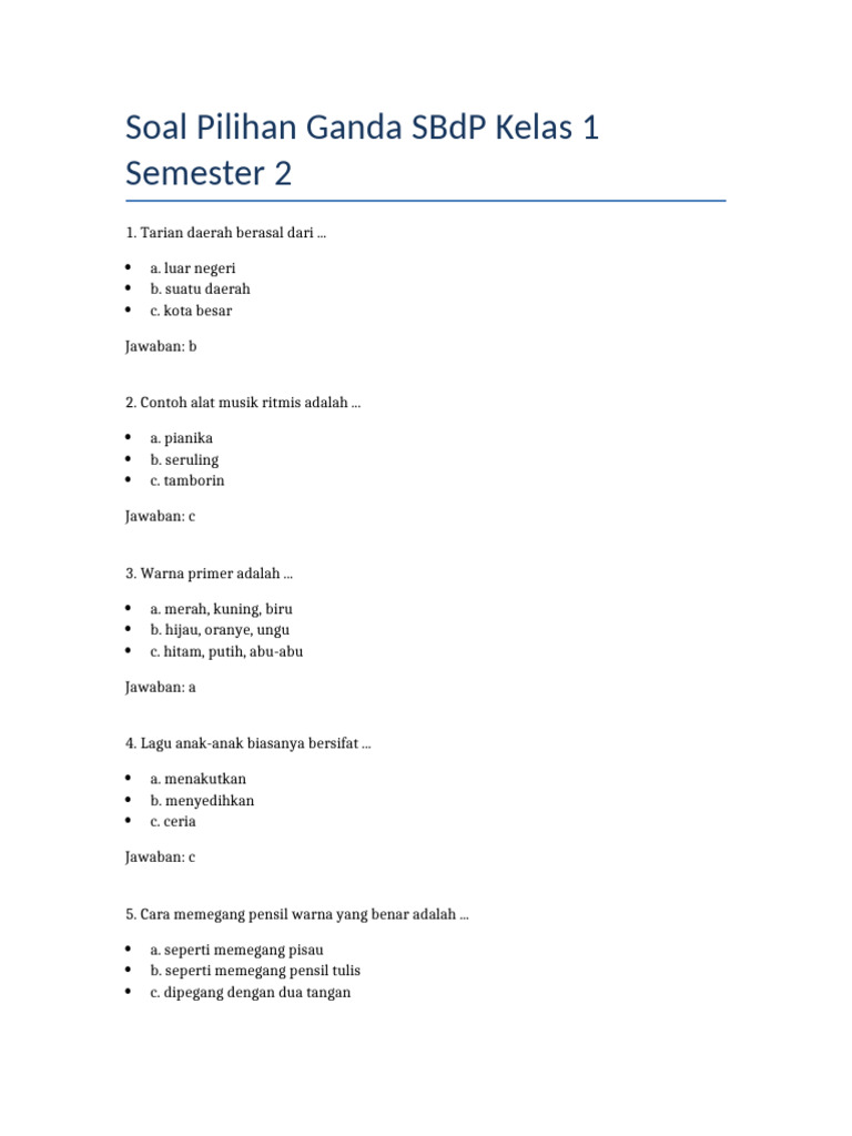 Akhirnya Terungkap! Soal SBdP Kelas 1 Semester 2 Kurikulum 2013 Paling Dicari