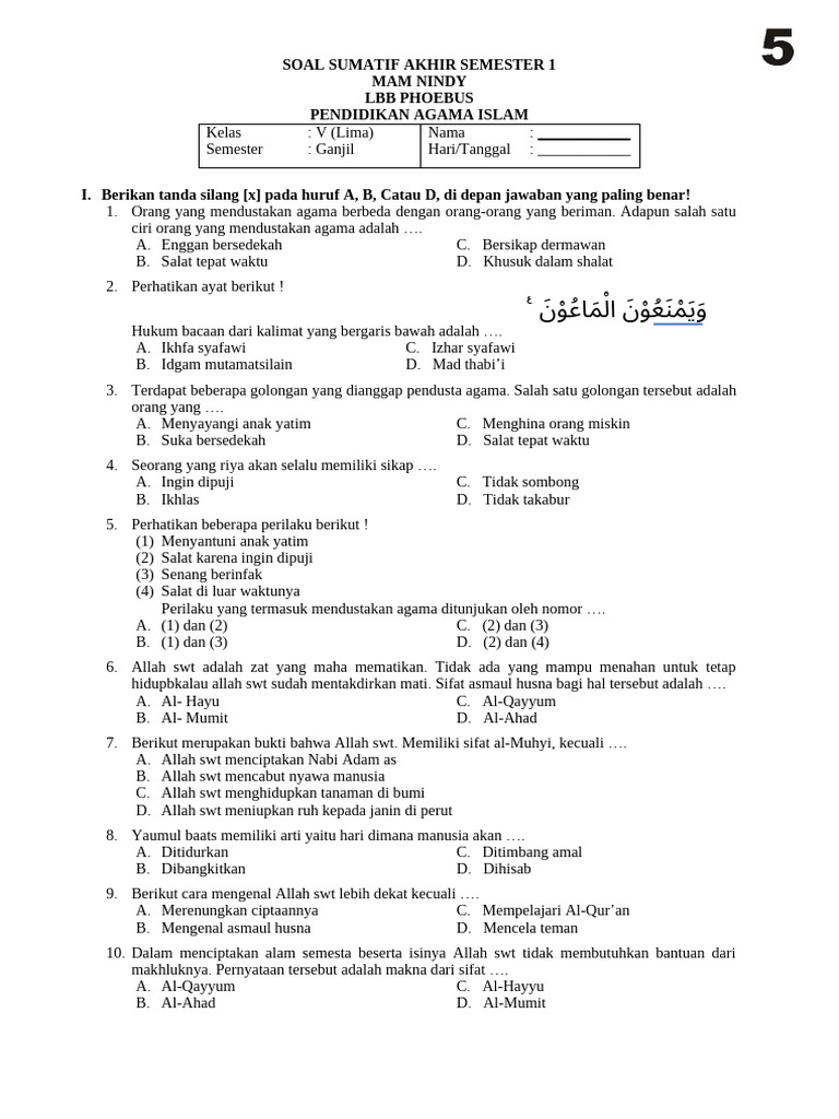 Soal Ujian Akhir Agama Islam Kelas V PDF