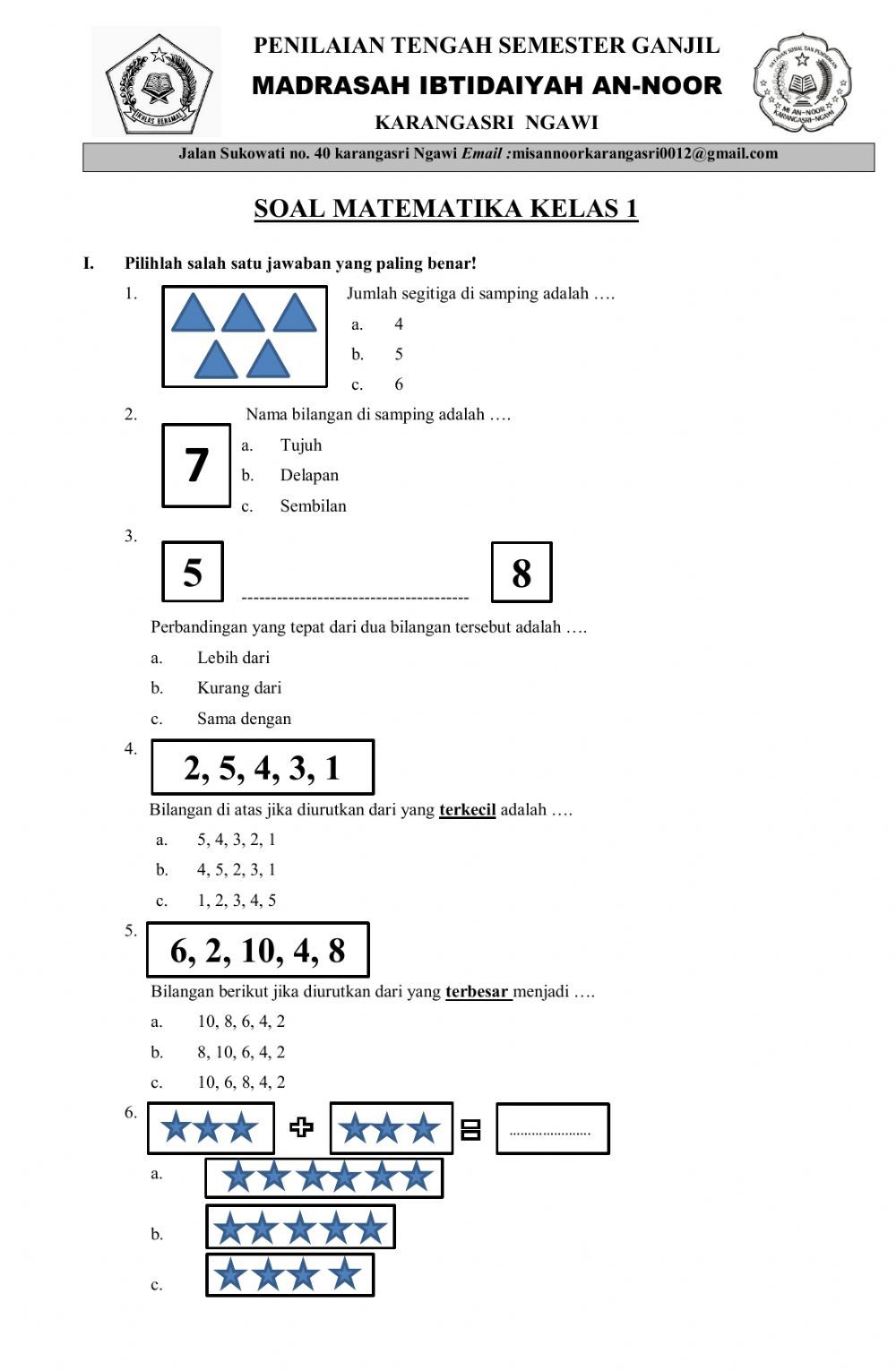 PTS Matematika kelas 1 worksheet