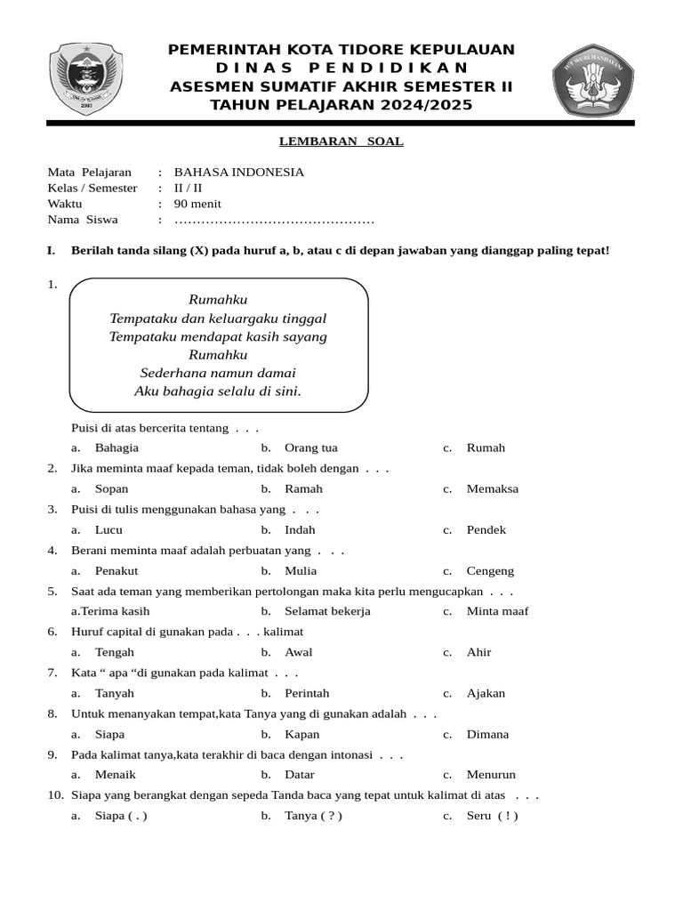 Soal Ujian Bahasa Indonesia Kelas II PDF Soal Ujian Bahasa Indonesia Kelas II PDF