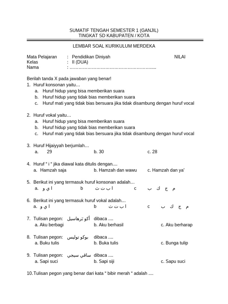 Soal Pendidikan Diniyah Kelas II SD PDF