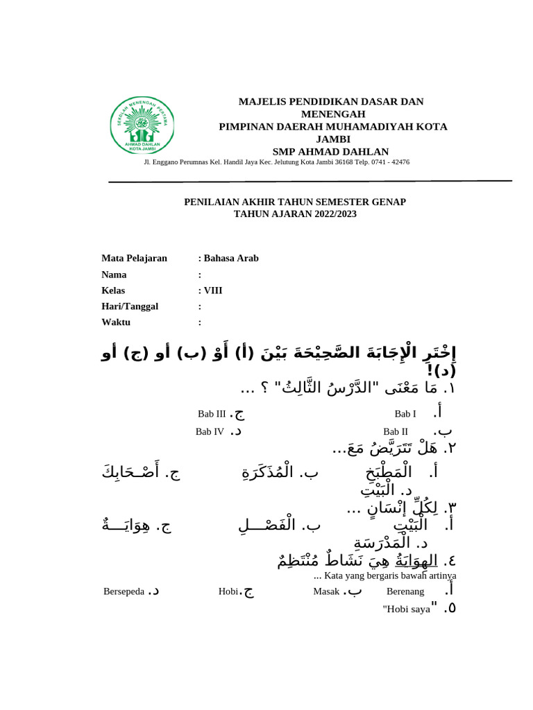 Kunci Jawaban PAT Bahasa Arab Kelas VIII PDF