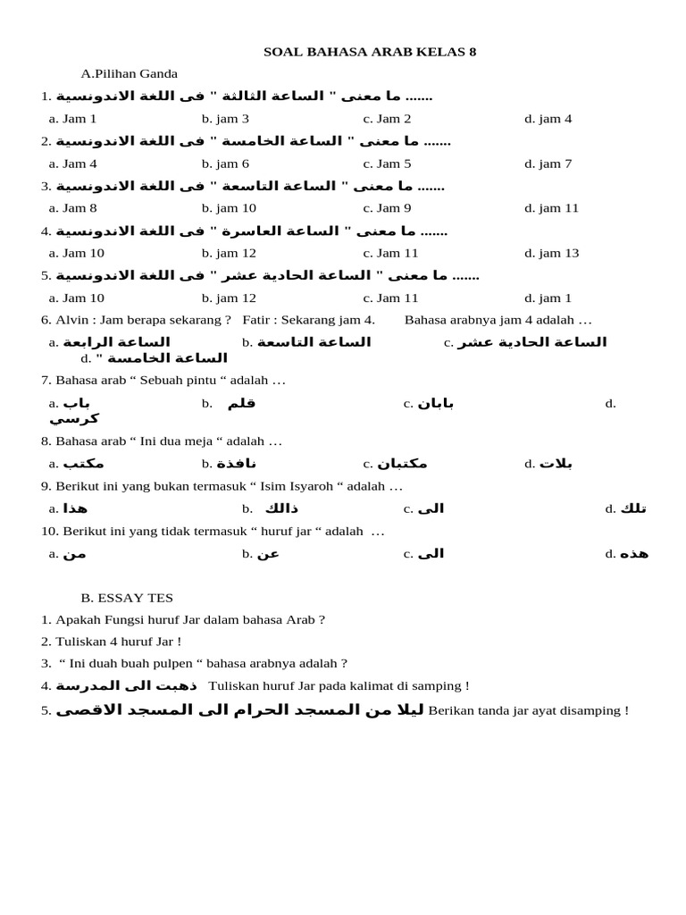 3 Soal Bahasa Arab Kelas 8 Semester 1 dan Kunci Jawaban STS 2026, Wajib Tahu!