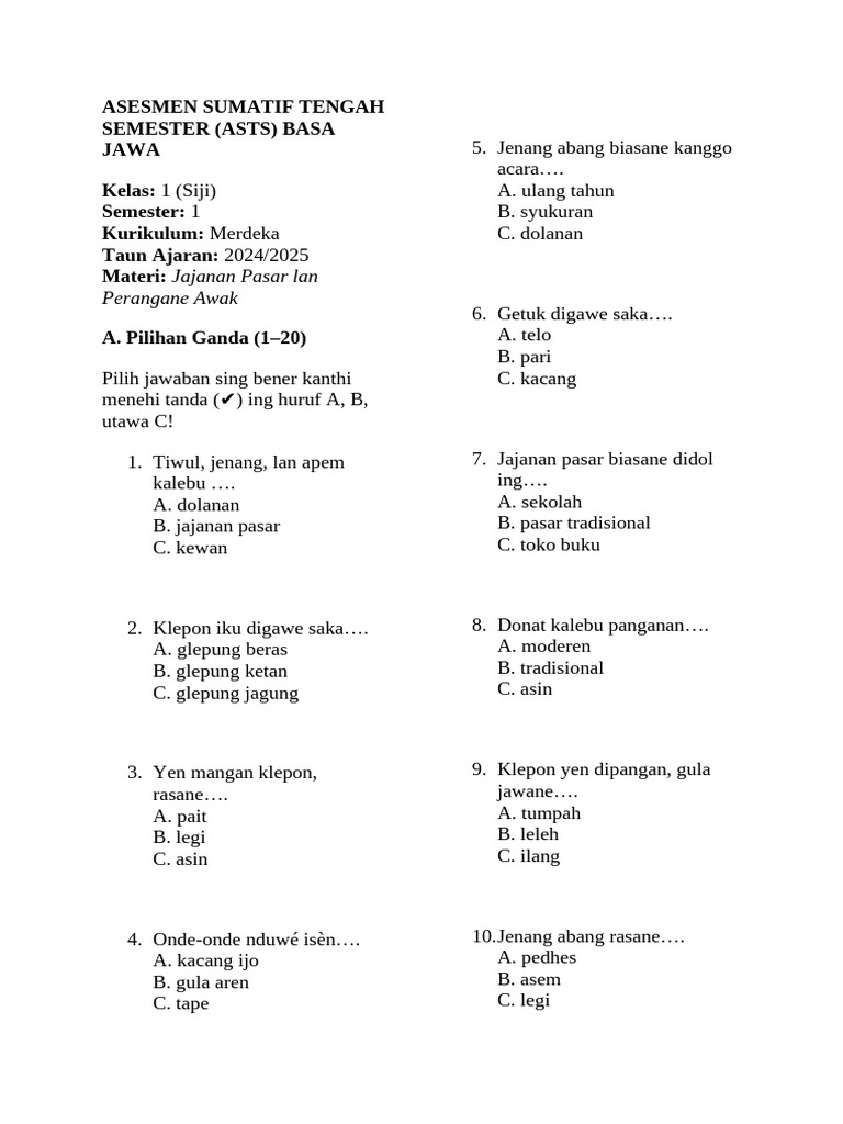 Soal ASTS Bahasa Jawa Kelas 1 Kurikulum Merdeka PDF