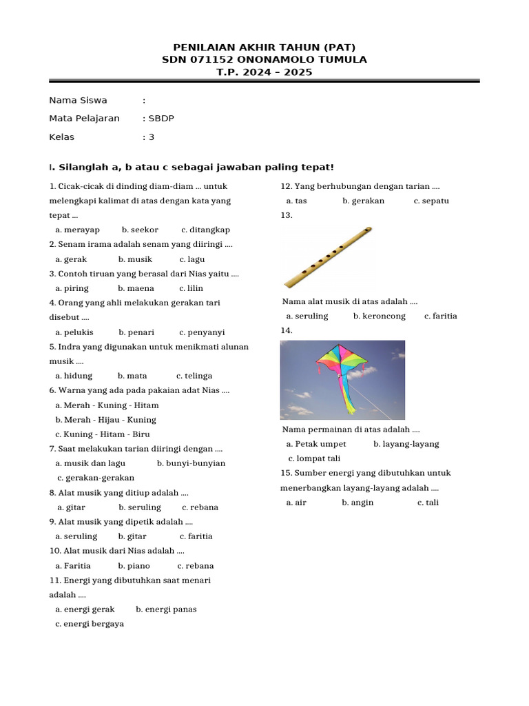 Soal Pat SBDP Kelas 3 PDF Soal Pat SBDP Kelas 3 PDF
