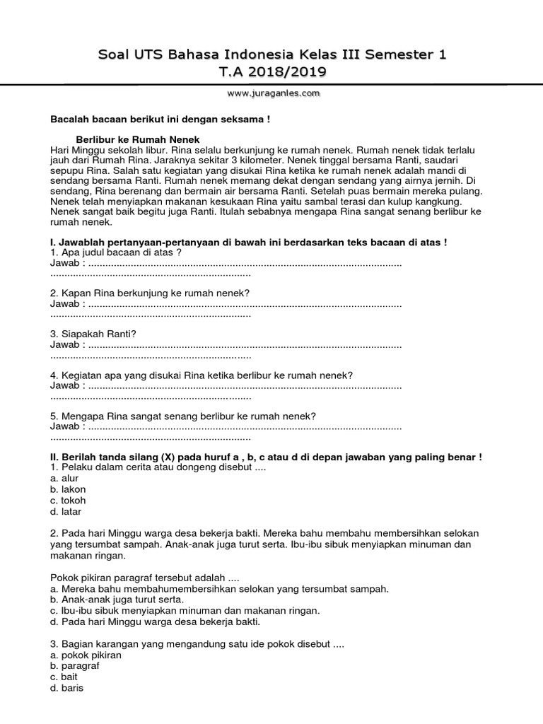 Soal UTS Bahasa Indonesia Kelas 3 SD PDF