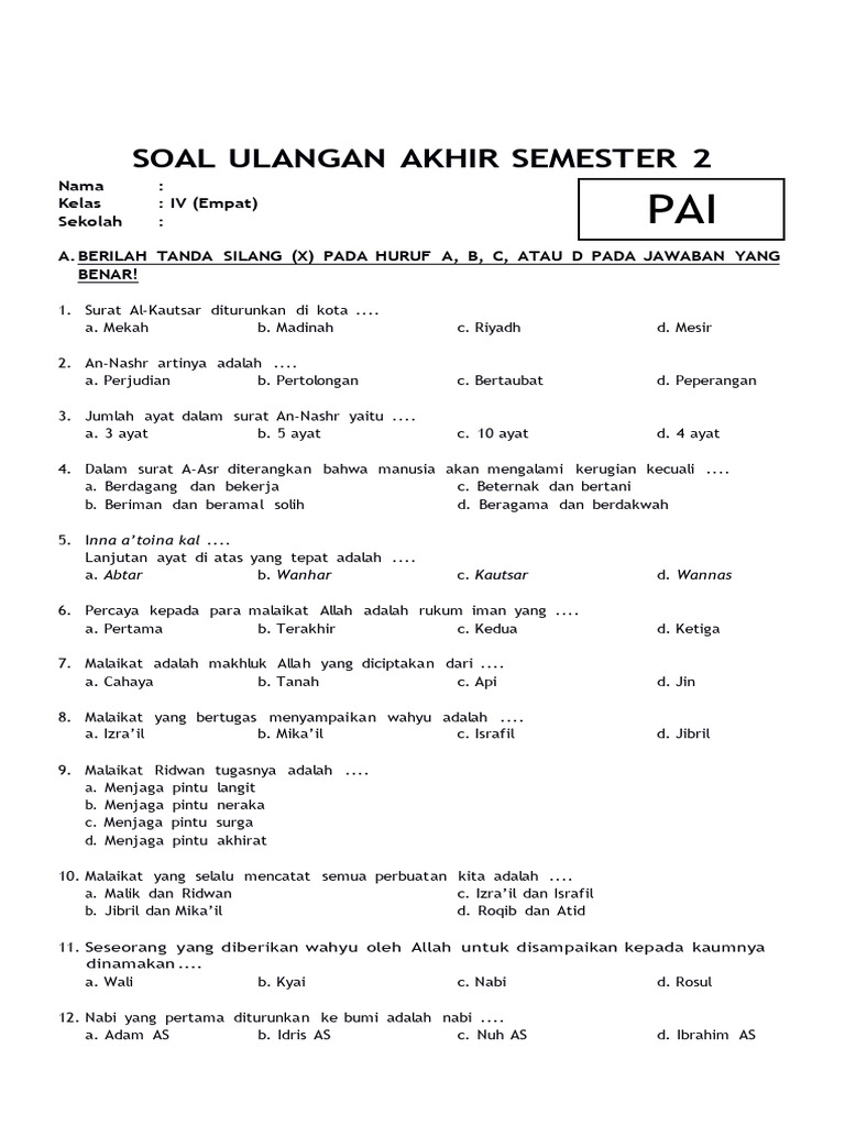 Soal UAS PAI Kelas 4 SD PDF