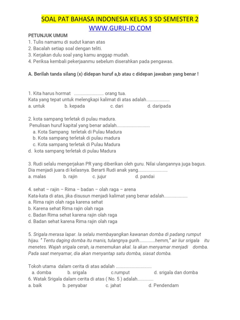 7 Kumpulan Soal Bahasa Indonesia Kelas 3 SD Semester 2 PDF Siap Cetak untuk Latihan Ujian