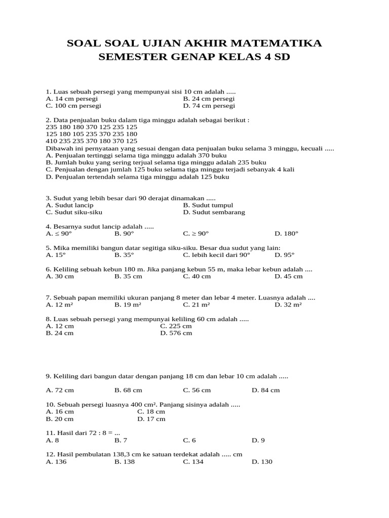 Soal Soal Ujian Akhir Matematika Semester Genap Kelas 4 SD PDF