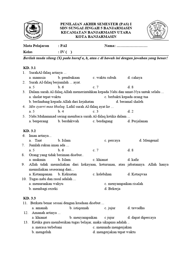 Soal PAS Pai Kelas 4 Sem 1 PDF