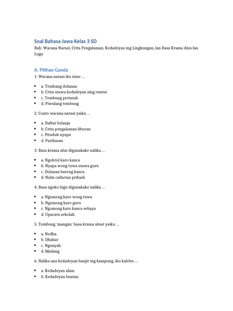 Soal Bahasa Jawa Kelas 3 SD PDF Soal Bahasa Jawa Kelas 3 SD PDF