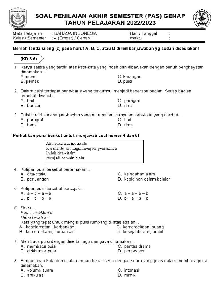 Soal PAS Bahasa Indonesia Kelas 4 PDF Seni Disiplin Bahasa