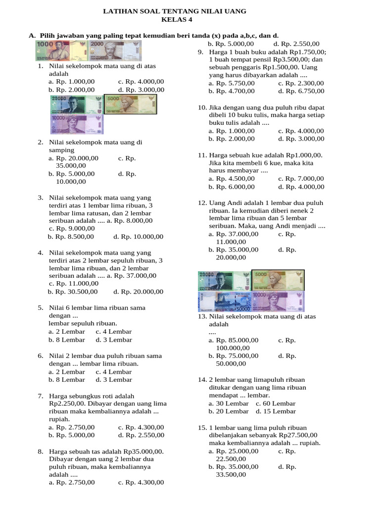 Latihan Soal Nilai Uang Kelas 4 PDF