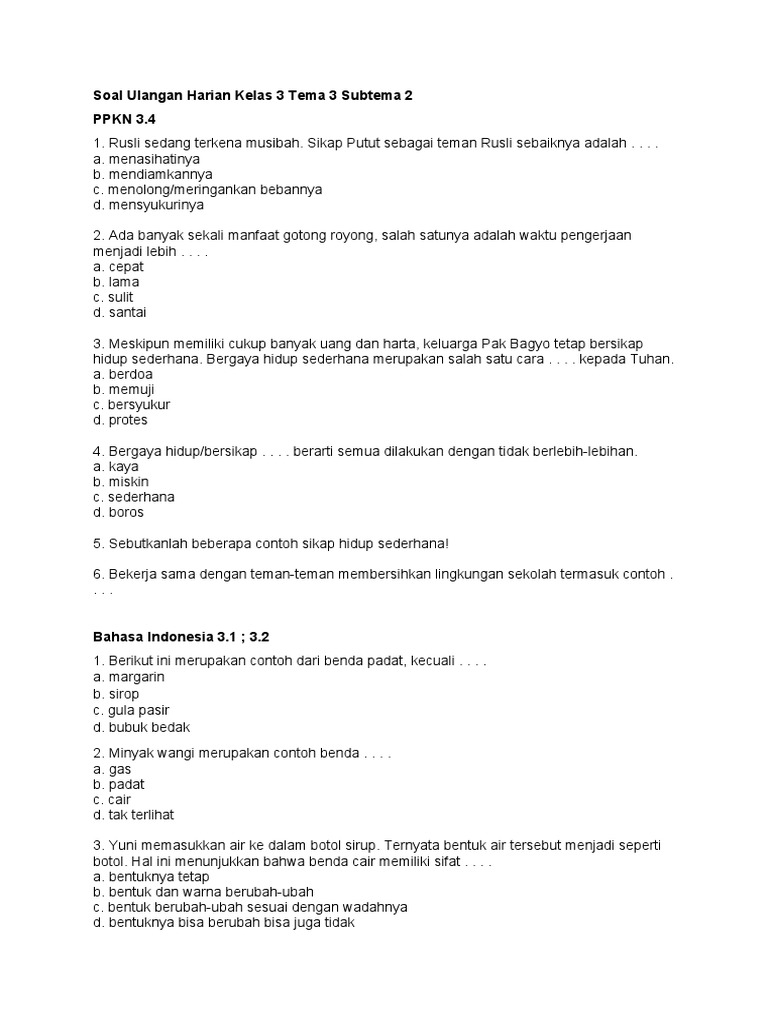 Soal Ulangan Harian Kelas 3 Tema 3 Subtema 2 PDF