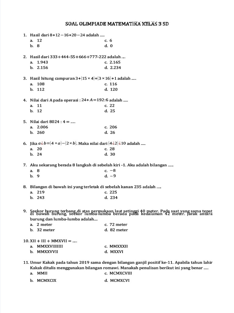 Soal Olimpiade Matematika Kelas 3 SD PDF