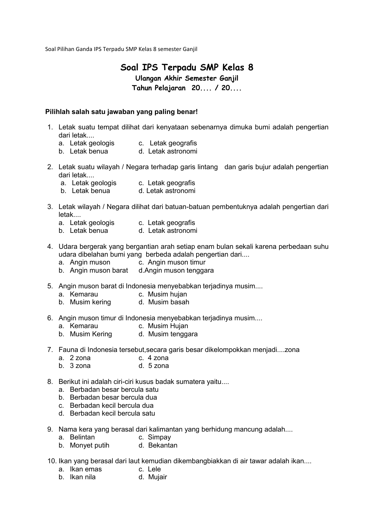 Soal Ips Kelas 8 Semester 1 Bab 2 - Soal Tts Ips Kelas 8 Semester Genap