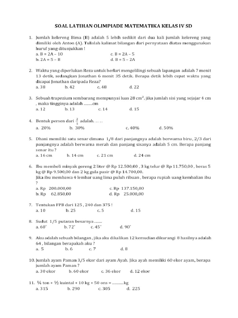 Matematika Latihan Soal Olimpiade Kelas 4 SD PDF Matematika Latihan Soal Olimpiade Kelas 4 SD PDF