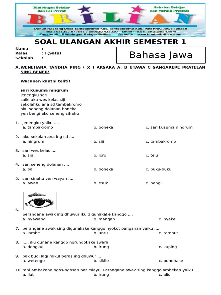 Soal UAS Bahasa Jawa Kelas 1 SD Semester 1 Ganjil Dan Kunci