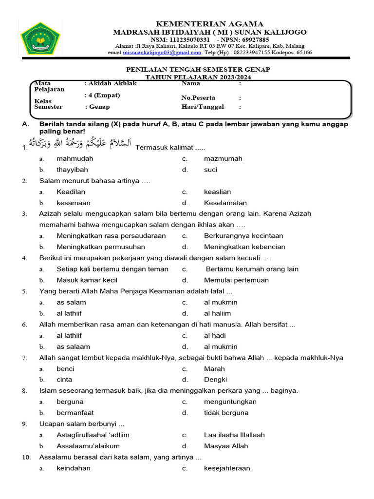 Update Terbaru Soal Akidah Akhlak Kelas 4 Semester 2 dan Kunci Jawaban Paling Akurat
