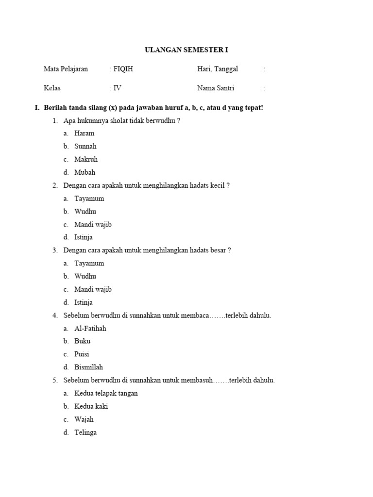 Wajib Tahu Bocoran Soal Fiqih Kelas 4 MI Semester 1 Agar Nilai Ujian Sempurna