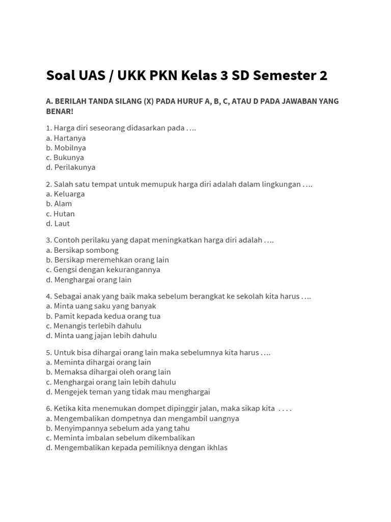 Wajib Tahu! Bocoran Soal Soal UAS PKN Kelas 3 SD Semester Genap Agar Nilai Sempurna
