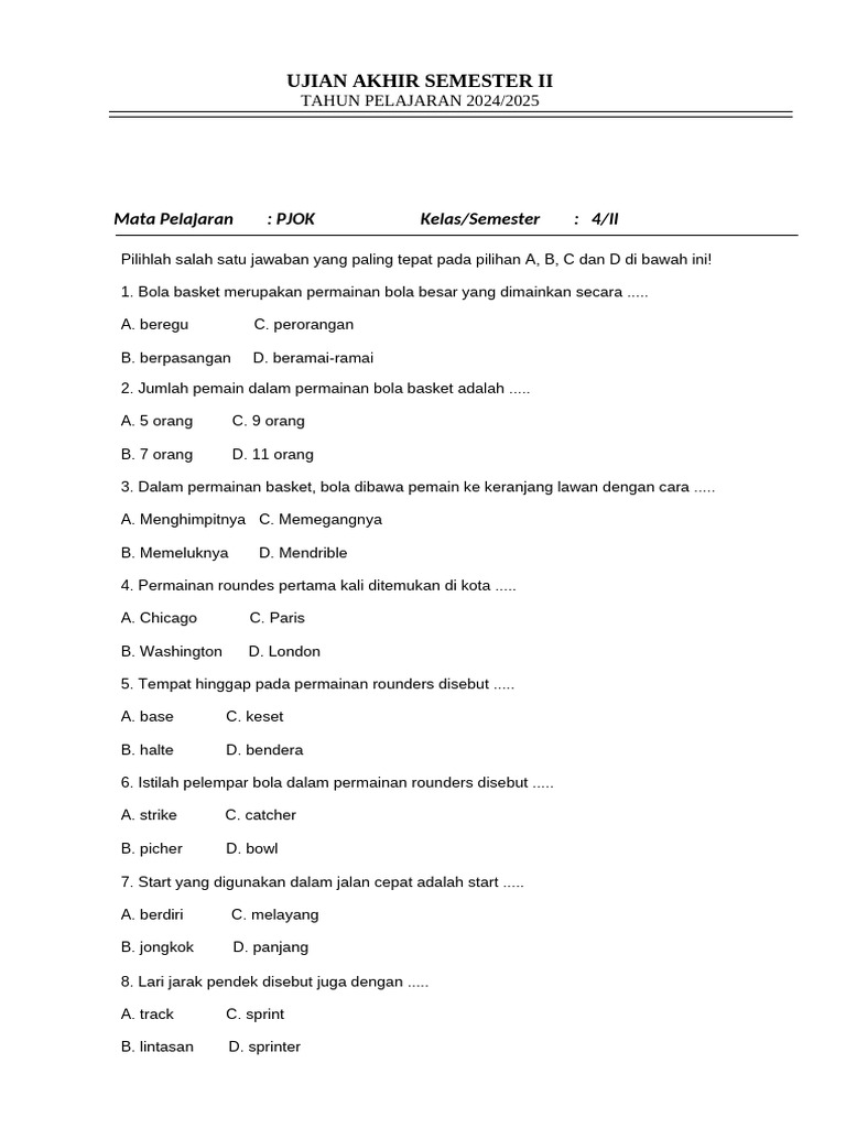 Wajib Tahu Bocoran Soal Ujian PJOK Kelas 4 Semester 2 Agar Nilai Siswa Langsung Memuaskan