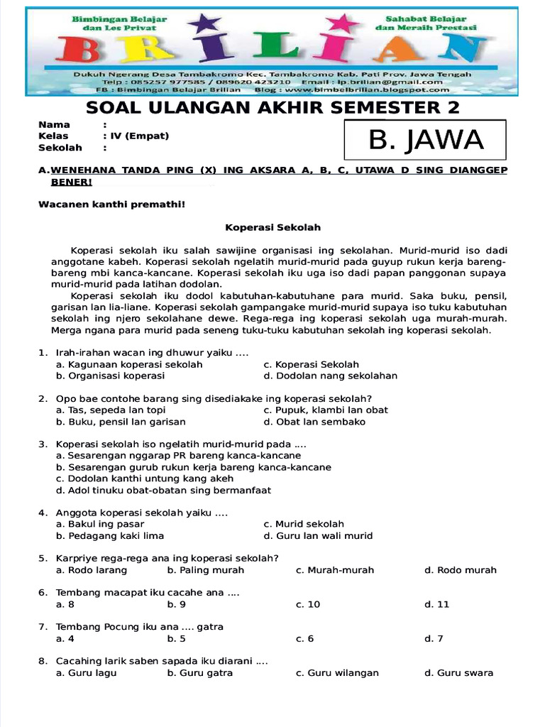Wajib Tahu! Ini Bocoran Soal Bahasa Jawa Kelas 4 dan Kunci Jawaban Terbaru