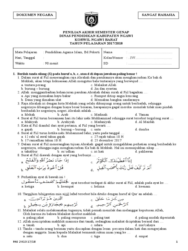 Wajib Tahu! Inilah Bocoran soal uas pai kelas 4 semester 2 dan kunci jawaban terbaru