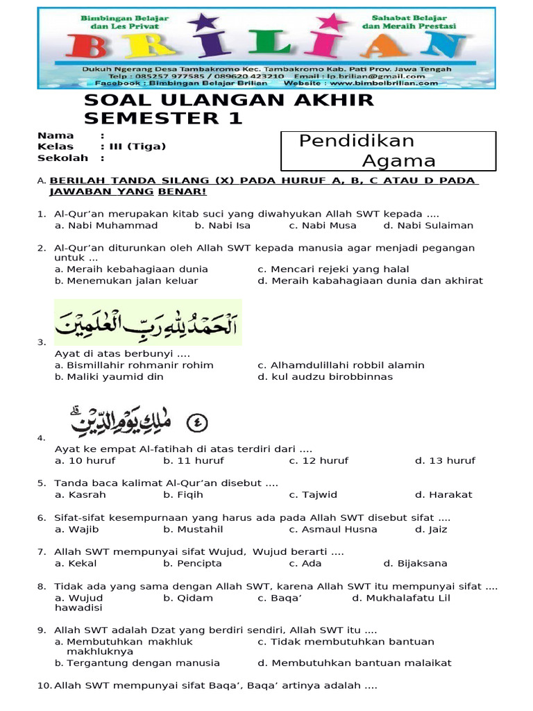Wajib Tahu! Inilah Kumpulan soal soal uas pai kelas 3 semester 1 Paling Akurat Wajib Tahu! Inilah Kumpulan soal soal uas pai kelas 3 semester 1 Paling Akurat