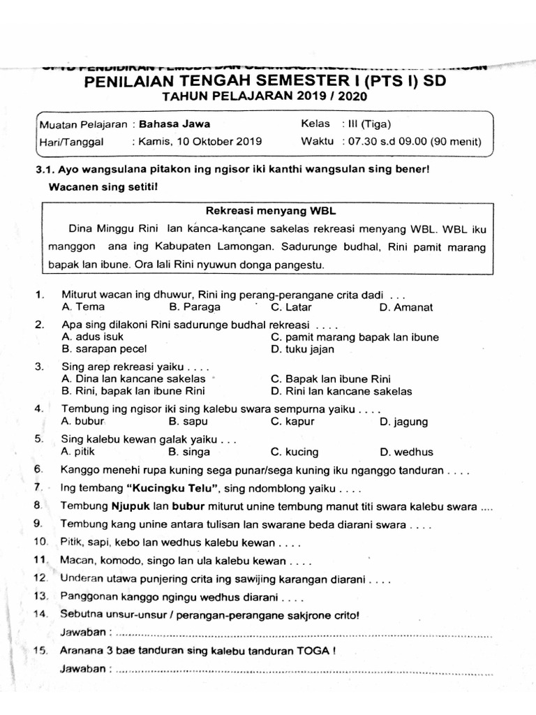 Wajib Tahu! Kumpulan soal soal uas semester 2 bahasa jawa kelas 3 sd Terbaru 2026